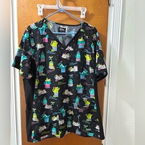 Cherokee Black Cactus Cats & Succulent Print Scrub Top
